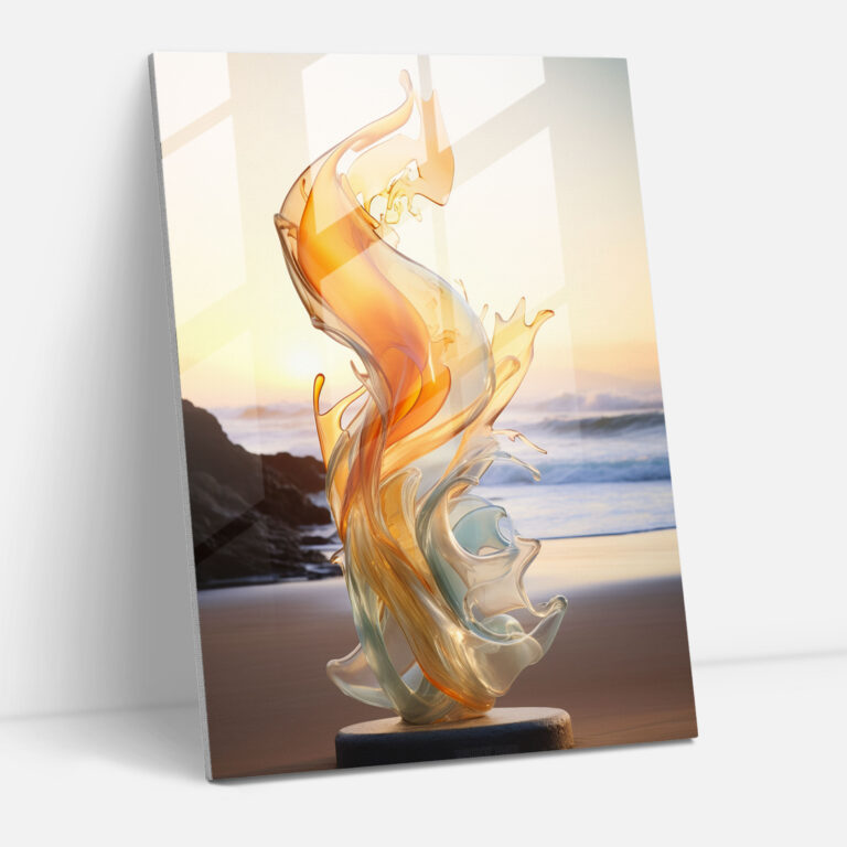 Realistic Glass Sculpture - Beach Serenity Glass Print - Realistic Glass Sculpture, Ocean Waves, Golden Sand, Glass Art