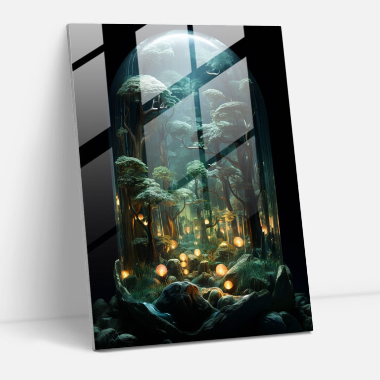 Realistic Glass Sculpture - Moonlit Forest Glass Print - Realistic Glass Sculpture, Glass Print, Home Decoration, Shimmering Moonlight