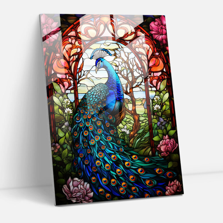 Glass Art Stained Window With Majestic Peacock - Realistic Glass Sculpture, Glass Wall Art, Wall Decoration, Modern Art