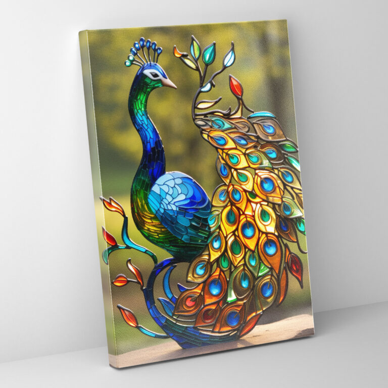Realistic Glass Sculpture - Stained Peacock Wall Art - Realistic Glass Sculpture, Majesty, Intricate Patterns, Canvas Print