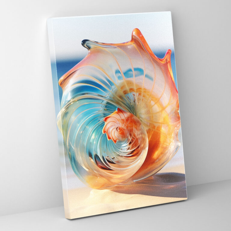 Realistic Glass Sculpture - Murano Seashell Beach Wall Decor - Realistic Glass Sculpture, Delicate Colors, Canvas Print, Sandy Beach