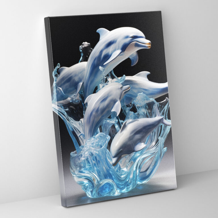 Realistic Glass Sculpture - Frosted Dolphins Ocean Canvas Print - Realistic Glass Sculpture, Canvas, Playfulness, Joyful