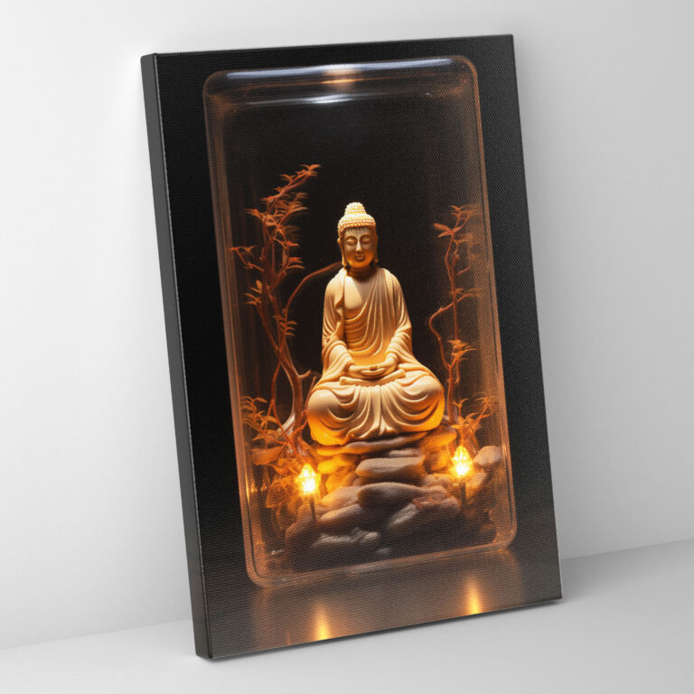 Realistic Glass Sculpture Canvas Print - Realistic Glass Sculpture, Serene Buddha Surrounded By Soft Candlelight, Wall Art, Canvas