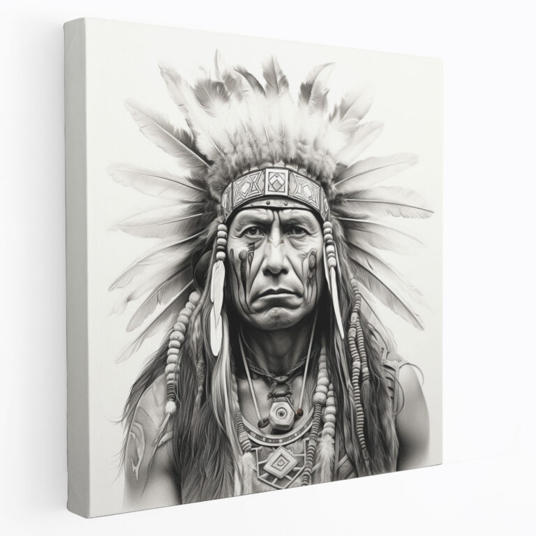 Red Indian Wall Art - Feathers And Paint Pencil Drawing Canvas Print - Red Indian, Home Decoration, Wall Art, Warrior