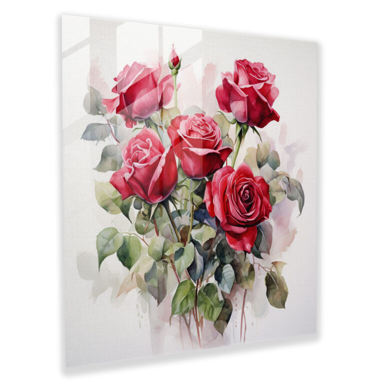 Romantic Red Roses Glass Print - Romantic, Watercolor Painting, Glass Art, Red Roses