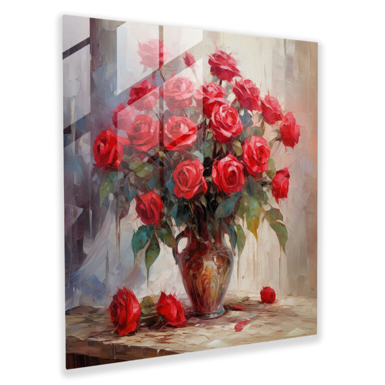 Romantic Roses Glass Print - Romantic, Impressionistic Oil Painting, Red Roses, Wall Decoration