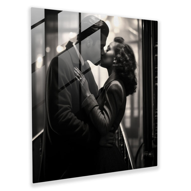 Romantic Eternal Kiss Glass Print - Romantic, Black And White Photograph, Glass Print, Wall Decoration