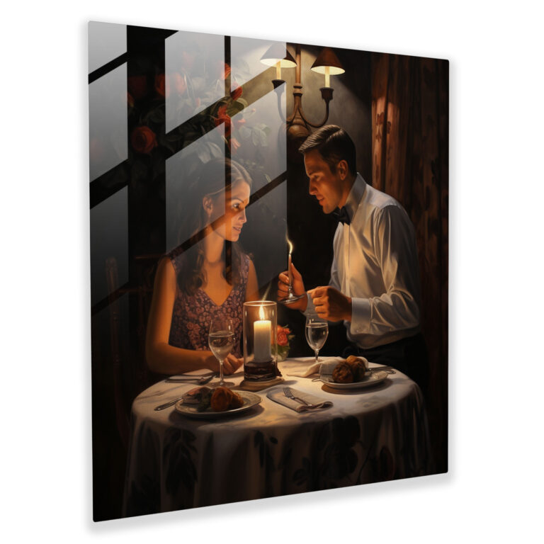 Romantic Candlelit Dinner Glass Print - Romantic, Realistic Oil Painting, Intimacy, Candlelit Dinner