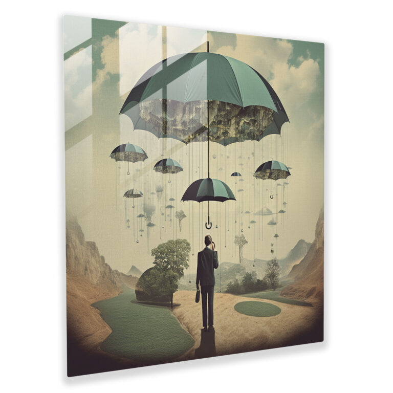 Floating Umbrella Glass Print - Rain, Person, Rain, Surreal Collage