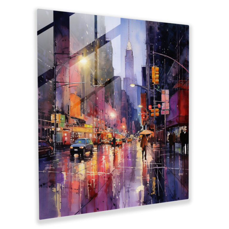Rainy City Glass Print - Rain, Modern Art, Watercolor Painting, Glass Print