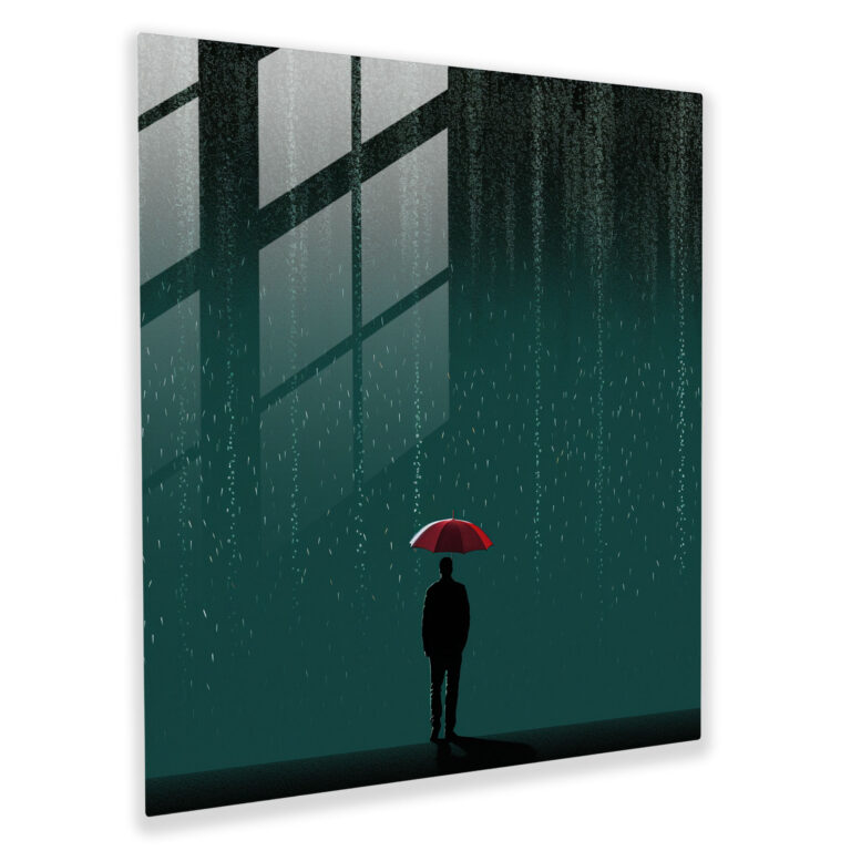 Rainy Walk Glass Print - Rain, Rain, Silhouette, Modern Art