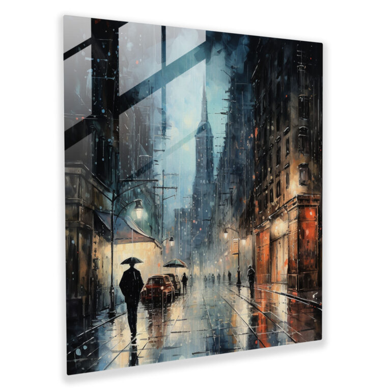 Rainy Cityscape Glass Print - Rain, Night, Mystery, Wall Decoration