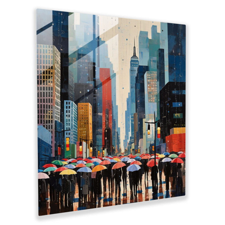 Rainy City Skyline Glass Print - Rain, Home Decoration, Umbrellas, Rainy City Skyline