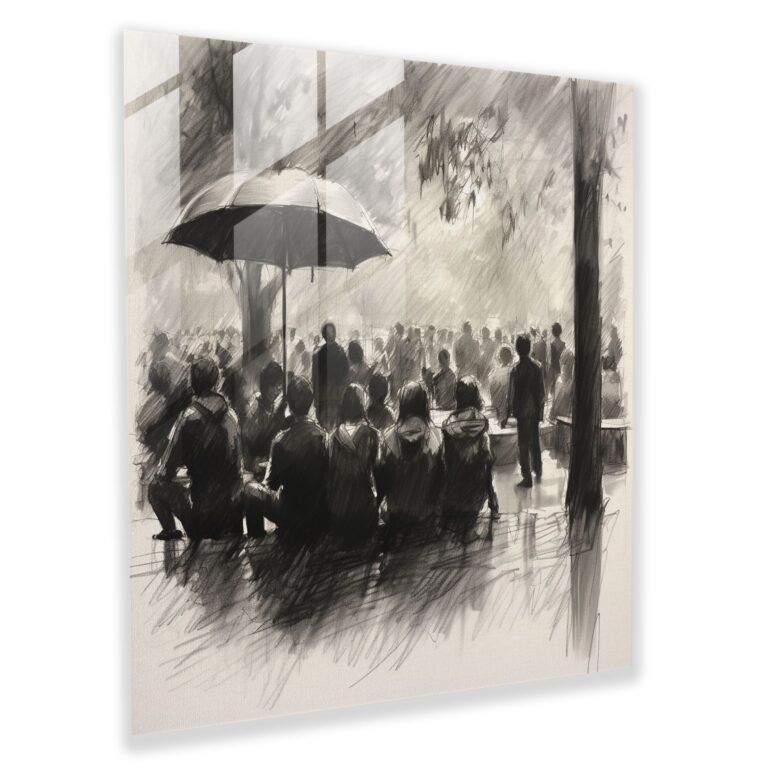 Rainy Day In The Park Glass Print - Rain, Monochromatic Tones, Sketched Details, Wall Decoration