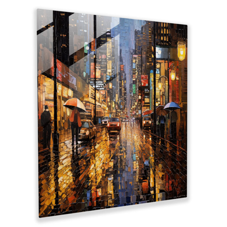 Reflective Rainy Street Glass Art - Rain, Sophistication, Glass Art, Intricate