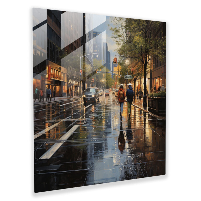 Rainy Street Glass Print - Rain, Realistic Oil Painting, Glass Wall Art, Rain