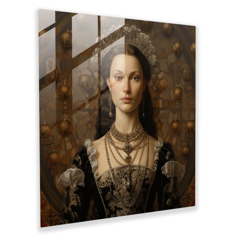 Regal Glass Print: Renaissance-Inspired Artwork - Detailed Portrait of Noblewoman Against Ornate Backdrop - Glass Wall Art, Home Decoration, Wall Decor, Glass Art