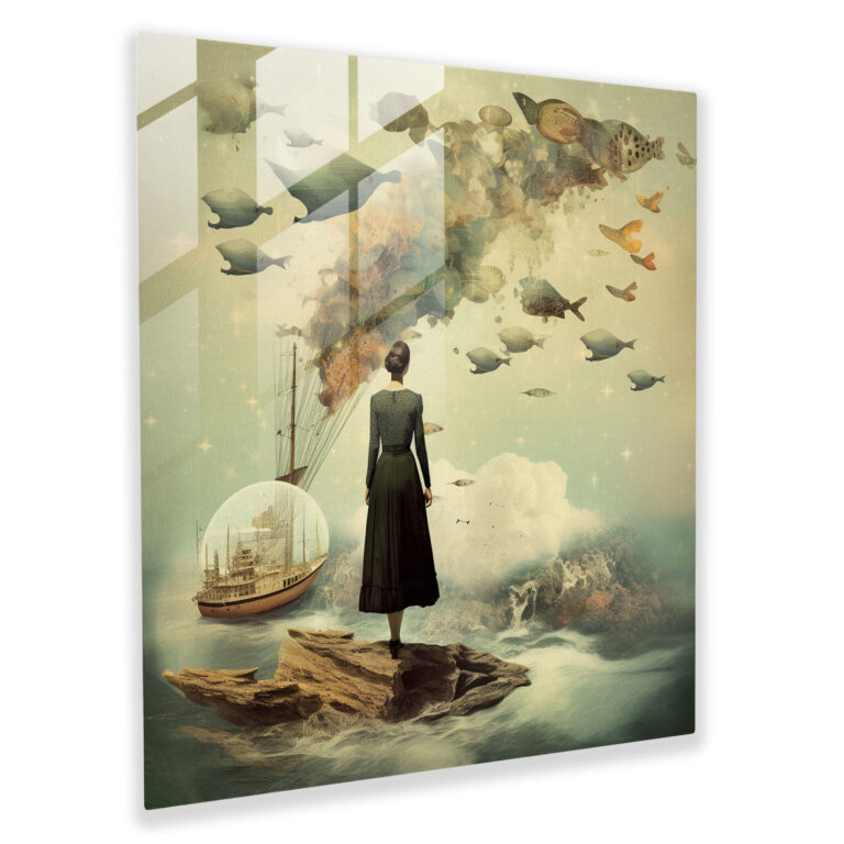 Whimsical Surreal Glass Print: Vintage Collage Wall Art