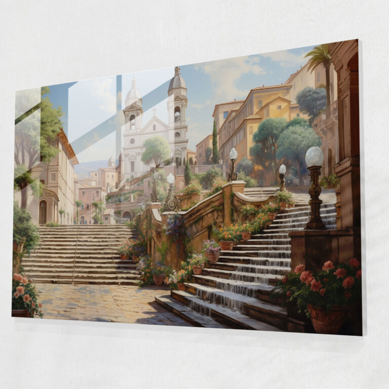 Rome Glass Wall Art - Picturesque Spanish Steps - Rome, Realistic Landscape Painting, Rome, Spanish Steps