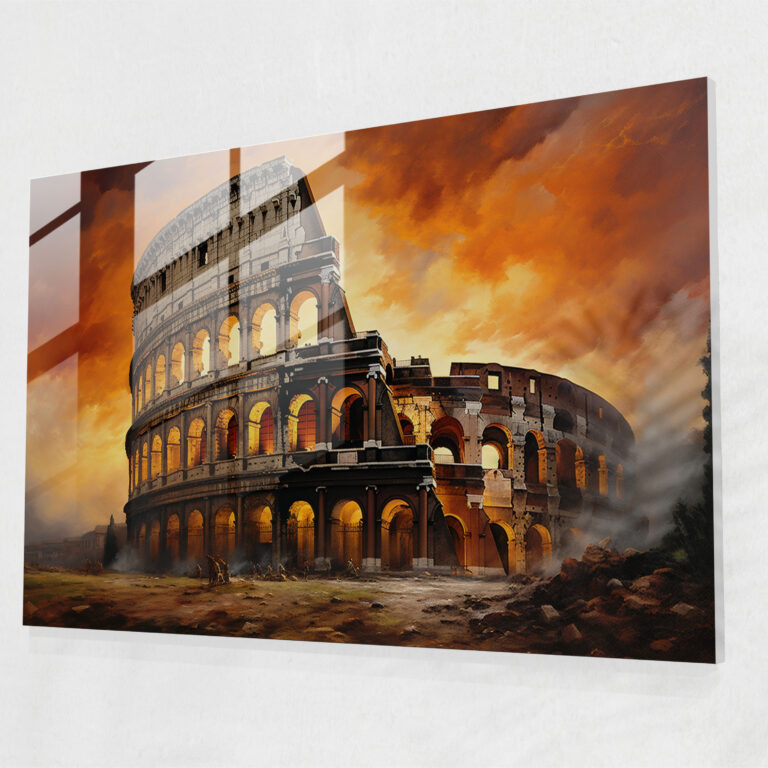 Rome Glass Wall Art - Grandeur Of The Colosseum - Rome, Dramatic Sunset Sky, Grandeur, Glass Art