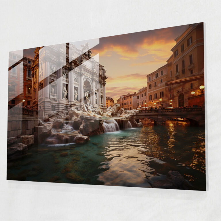Rome Glass Print - Romantic Trevi Fountain - Rome, Contemporary Photograph, Dusk, Modern Art