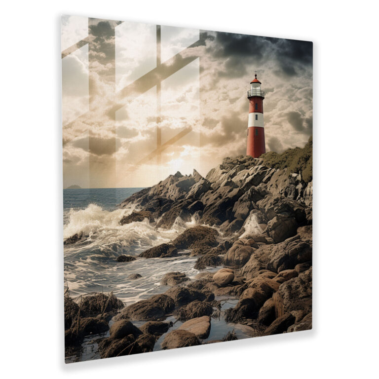 Rustic Coastal Lighthouse - Seaside Charm - Rustic, Home Decoration, Seaside Charm, Glass Print