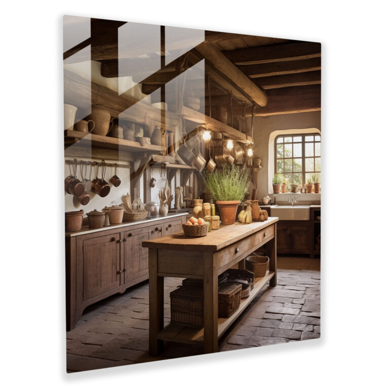 Rustic Farmhouse Kitchen Glass Print - Rustic, Vintage-Inspired, Rustic Charm, Wall Decoration