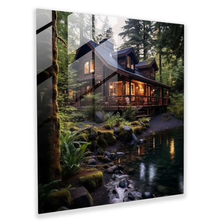 Tranquil Forest Cabin Glass Print - Rustic, Wall Decoration, Rustic, Glass Wall Art
