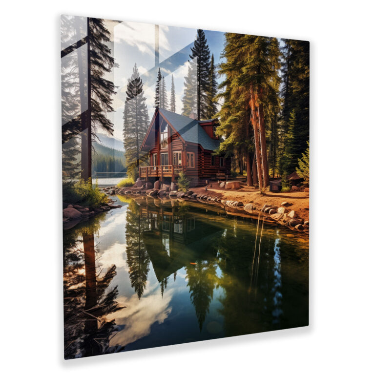 Lakeside Cabin Glass Print - Rustic, Towering Pine Trees, Rustic, Glass Art