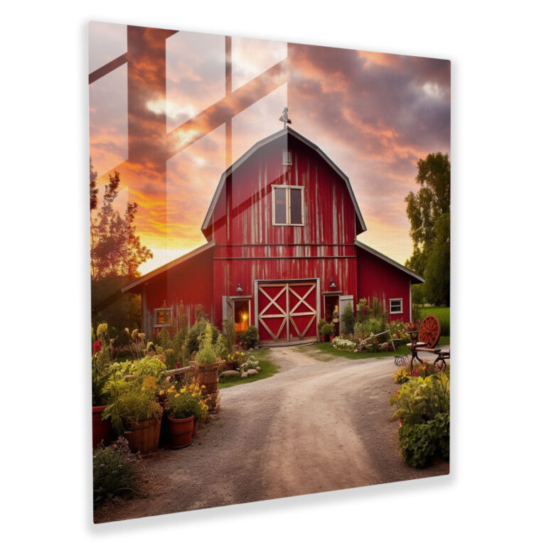Red Barn Sunset Glass Print - Rustic, Stunning Sunset, Rustic Charm, Rustic