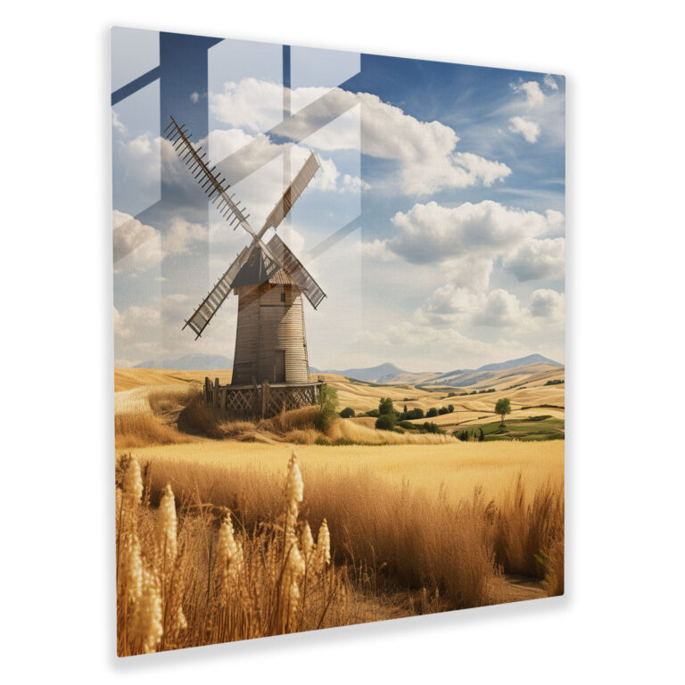 Golden Wheat Windmill Glass Print - Rustic, Glass Wall Art, Glass Art, Blowing In The Wind