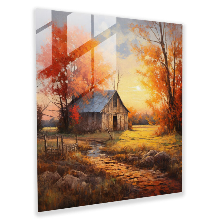 Rustic Barn Sunset Oil Painting Glass Print - Rustic, Glass Print, Glass Art, Sunset