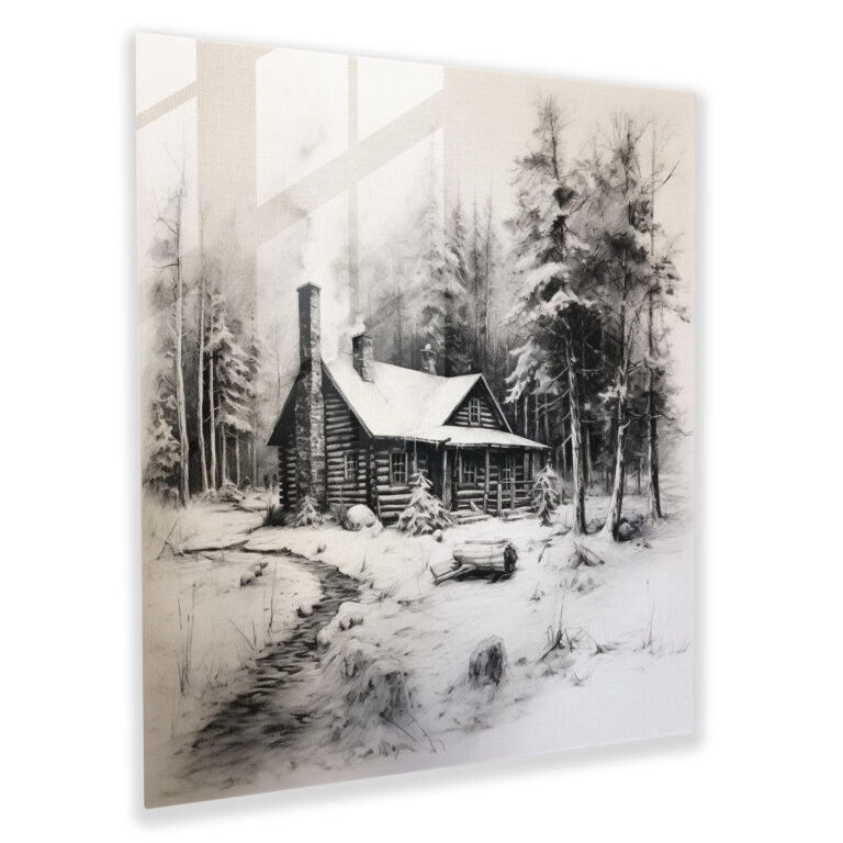 Rustic Winter Cabin Charcoal Sketch Glass Print - Rustic, Glass Wall Art, Home Decoration, Log Cabin