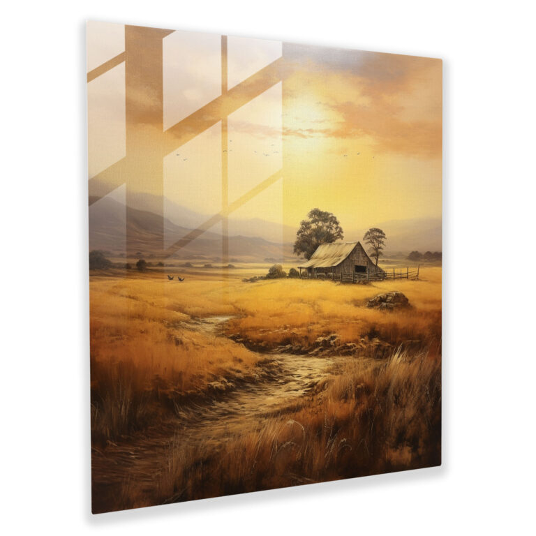 Rustic Countryside Barn Glass Print - Rustic, Rolling Hills, Glass Wall Art, Golden Sunset