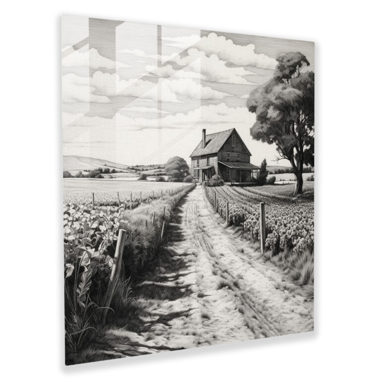Rustic Farmhouse Glass Print - Rustic, Modern Art, Pen And Ink Drawing, Glass Wall Art