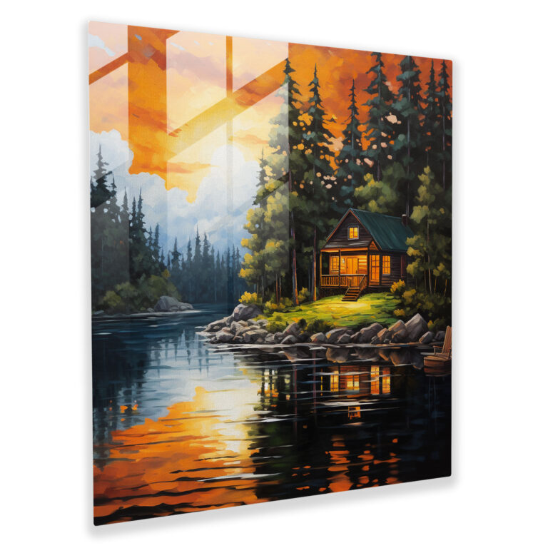 Rustic Lakeside Cabin Glass Print - Rustic, Pine Trees, Wall Decoration, Home Decoration