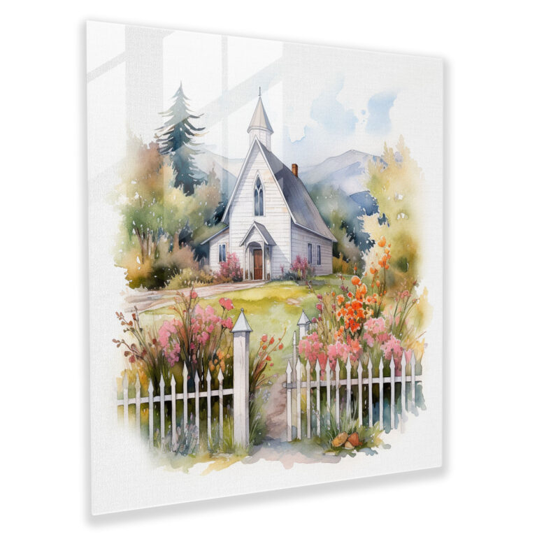 Rustic Country Church Glass Print - Rustic, Wall Decoration, Rustic, Watercolor Illustration