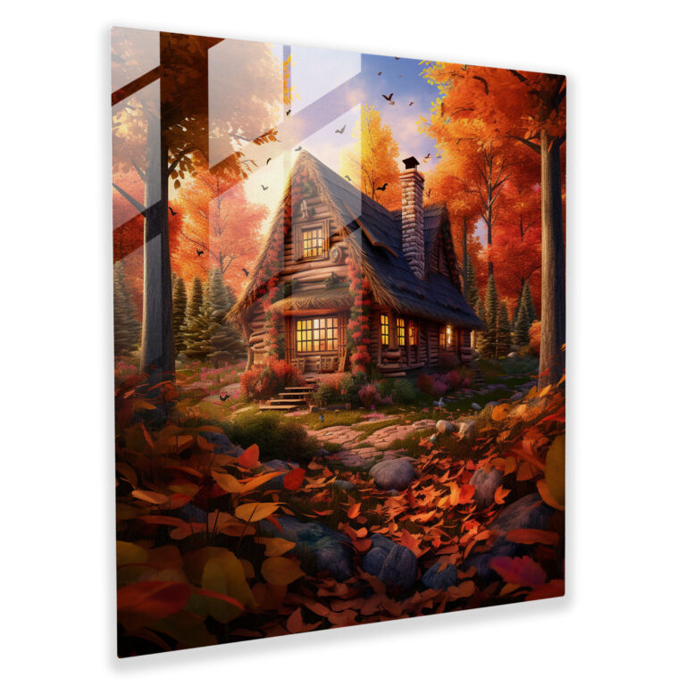 Rustic Log Cabin Glass Print - Rustic, Autumn Leaves, Modern Art, Glass Wall Art