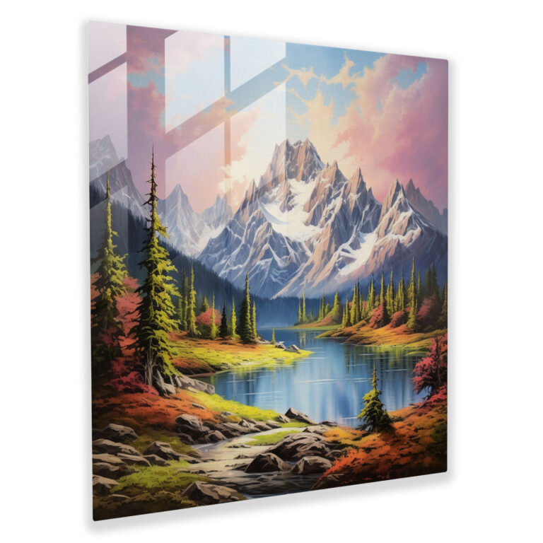 Rustic Landscape Glass Print - Serene Lake And Majestic Mountains - Rustic, Lake, Wall Decoration, Glass Wall Art