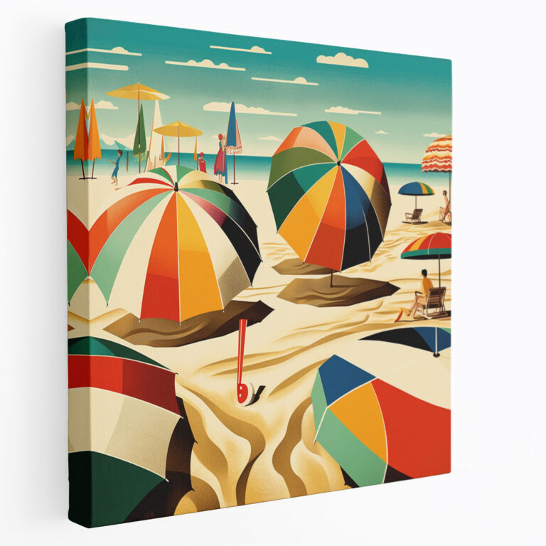 [Retro] Beach Scene Wall Decoration - Retro, Canvas Wall Art, Colorful Umbrellas, Beach Ball