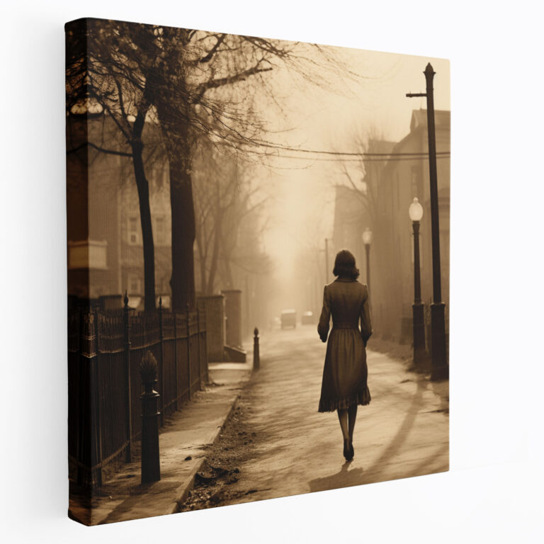 Retro Canvas Print: Woman Walking Down A Street - Retro, Sepia, Wall Art, Retro