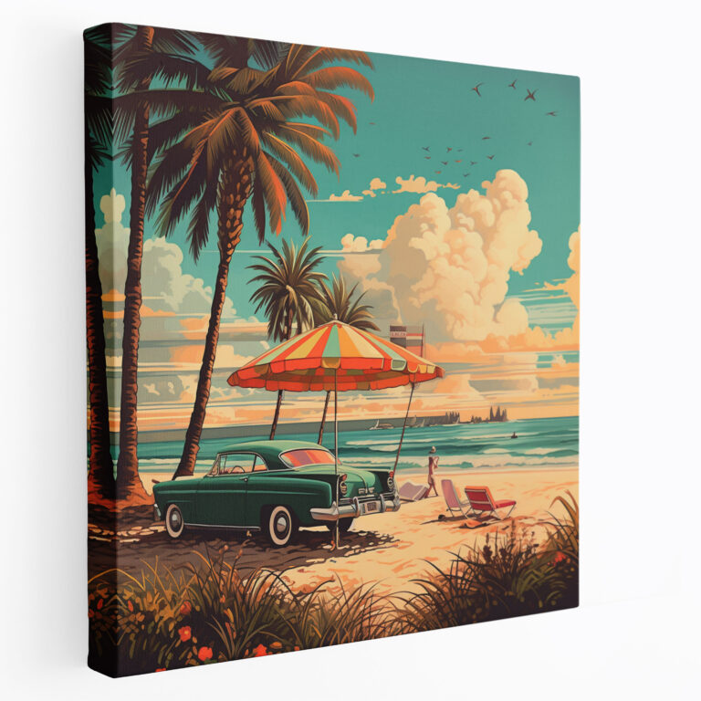 Retro Beach Scene Canvas Print - Retro, Canvas, Retro, Home Decoration