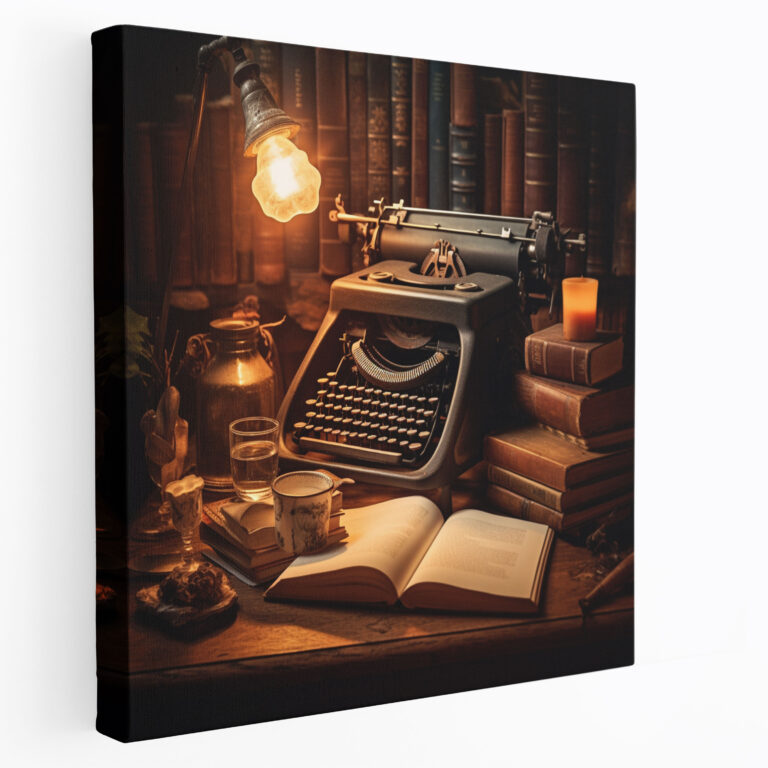 Vintage Typewriter Canvas Print - Retro, Wooden Desk, Canvas Wall Art, Vintage Typewriter