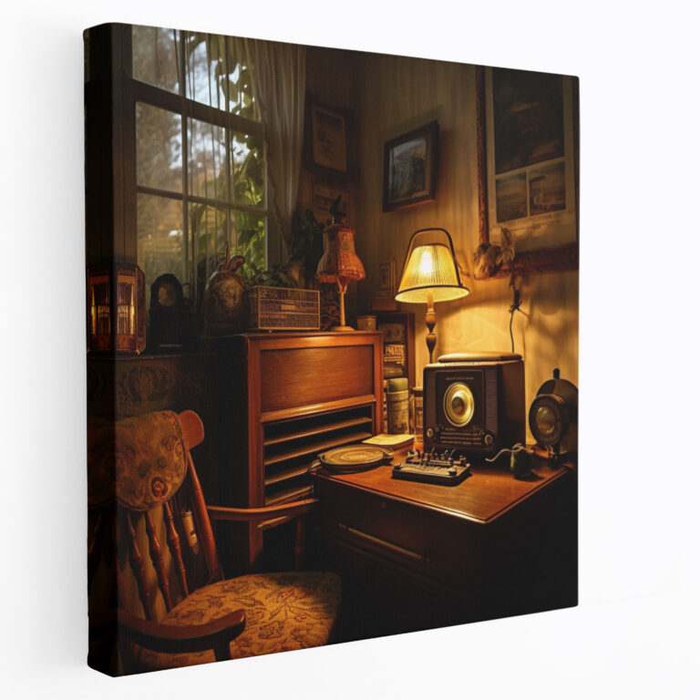 Vintage Radio Study Canvas Print - Retro, Antique Furniture, Retro, Cozy Study Room