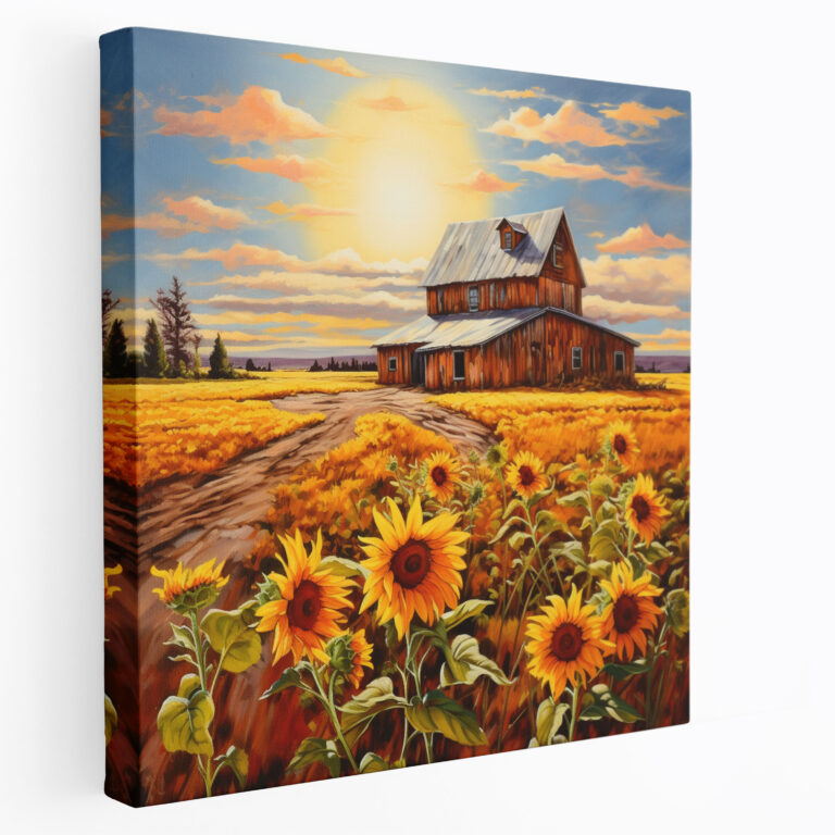 Rustic Farmhouse Canvas Print - Barn In Rolling Countryside Wall Art - Rustic, Sunflowers, Barn, Farmhouse