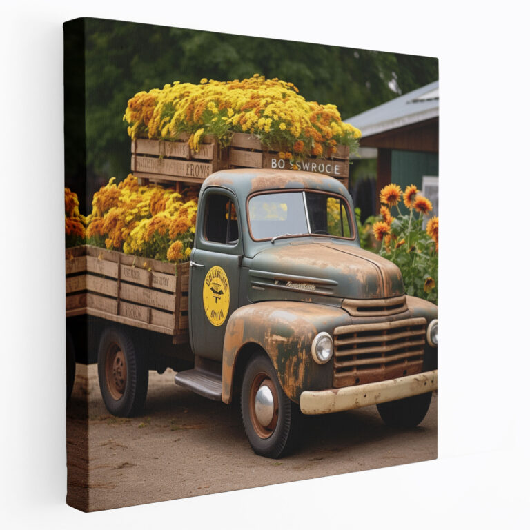 Rustic Pickup Truck Wall Art - Vintage Wooden Sign Canvas Print - Rustic, Vintage, Fresh Sunflowers, Rustic