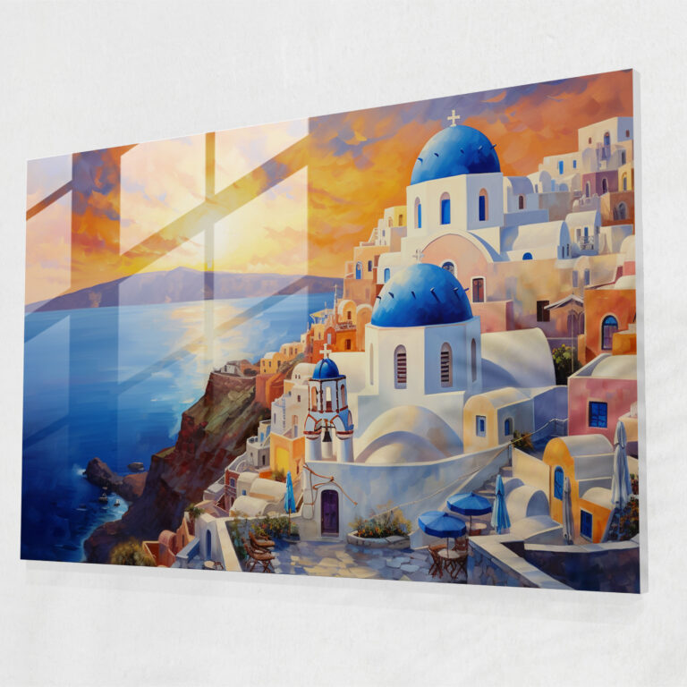 Santorini Glass Print - Sunset Over Blue Domes - Santorini, Wall Decoration, Glass Art, Glass Wall Art