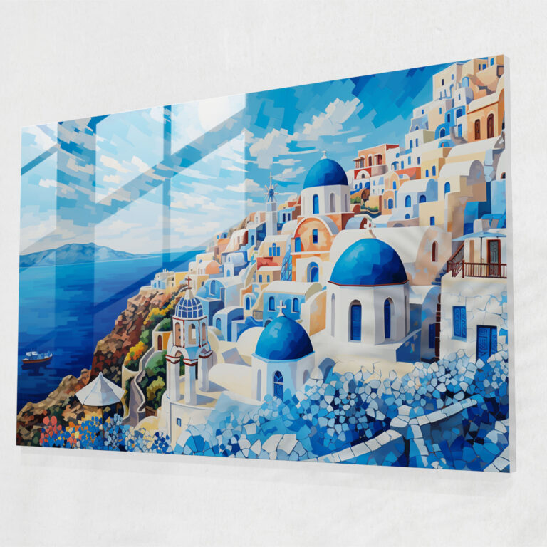 Santorini Glass Art - Mosaic Landmarks - Santorini, Glass Print, Wall Decoration, Vibrant Mosaic Design