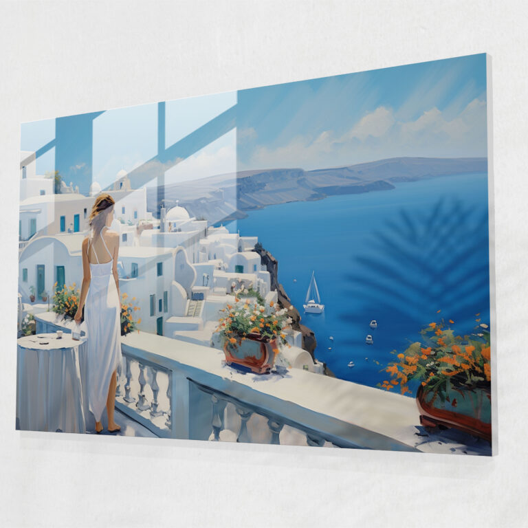 Santorini Glass Wall Art - Contemporary Landscape Painting - Santorini, Glass Wall Art, Sun-Drenched Beauty, Contemporary Oil Painting