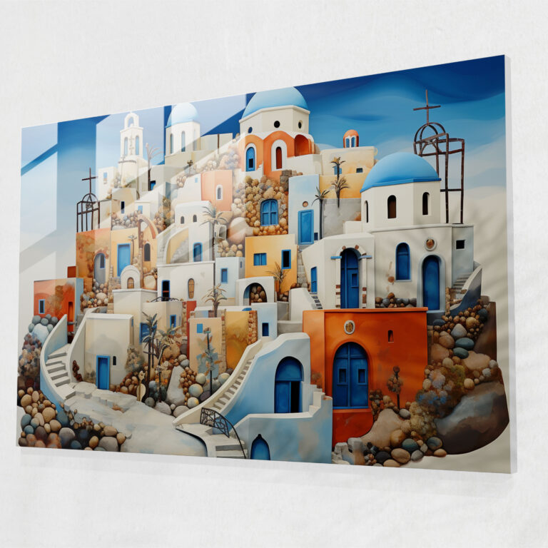 Santorini Home Decoration - Whimsical Mixed Media - Santorini, Whimsical Mixed Media Art, Imagination, Glass Wall Art